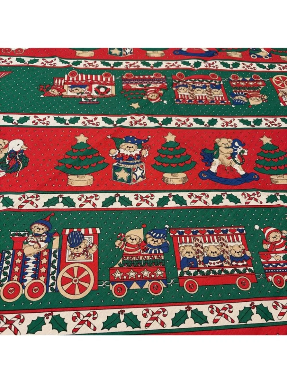 Vintage Christmas Tablecloth Holiday Dining Toys Trains Bears  Rectangle 52X70
